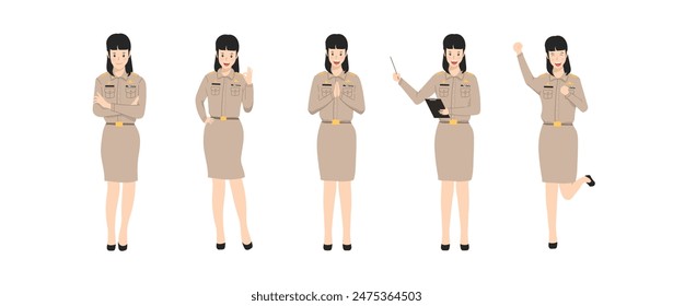 Woman Thai government officer, teacher, civil servant uniform, government job character, education worker character vector illustration