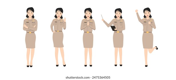 Funcionaria del gobierno tailandés, profesora, uniforme de funcionaria pública, carácter de trabajo del gobierno, Ilustración vectorial de carácter de trabajadora educativa