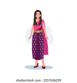 Woman in Thai traditional clothes. Traditional southeast asian costume, Thailand. Flat vector illustration