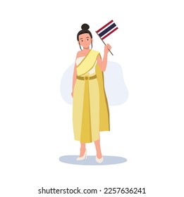  a woman in Thai traditional costume is holding the small Flag of Thailand in her hand. Full length Flat vector illustration