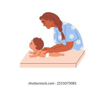 Mulher terapeuta na mesa de fraldas fazendo massagem para o bebê. Massagem de volta tratamento manual e terapia de saúde infantil. Enfermeira massagista cuidando de recém-nascidos. Ilustração de vetor plano de desenhos animados isolada