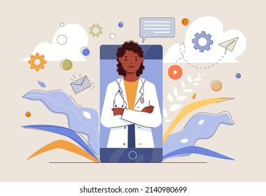 Woman therapist on smartphone screen in messenger, online consultation. Doctor's advice. Flat cartoon vector illustration.