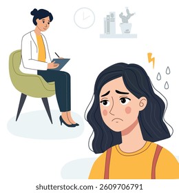 Woman in therapy with a consultant. Psychiatric care for a patient in a state of stress. Consultation with a psychotherapist for emotional support and overcoming anxiety, reducing stress.