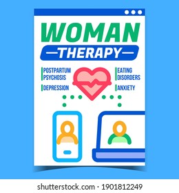 Woman Therapy Creative Promotional Poster Vector. Postpartum Psychosis And Depression, Eating Disorders And Anxiety Woman Disease Advertising Banner. Concept Template Style Color Illustration