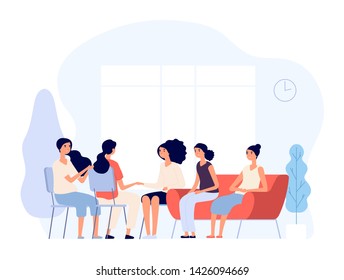 Woman therapy. Females consulting with psychologist depressed women counseling to psychiatrist in group. Psychoanalysis vector concept. Psychiatrist woman, therapy psychology illustration