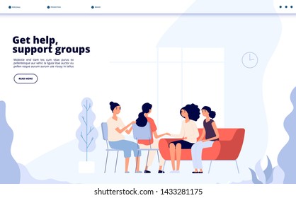 Woman therapy. Females consulting with psychologist, depressed women counseling psychiatrist in group. Psychoanalysis vector landing. Illustration of woman therapy, psychoanalysis and psychotherapy