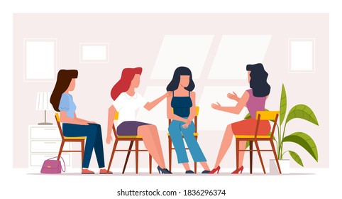 Woman Therapy. Group Counseling, Abuse Female Psychological Aid Mental Health Community, Psychotherapeutic Women Meeting Professional Psychoanalysis Session And Coach Consultation Vector Flat Concept