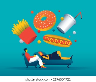 Woman at a therapy session with a female psychiatrist, with junk food above them. Eating disorder concept. Female subject. Vector illustration