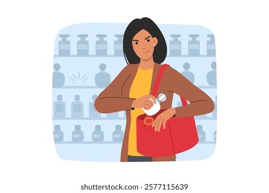 Woman thief is engaged in shoplifting, puts perfume in bag, standing near store window. Bad buyer violates law and uses shoplifting to reduce costs and receive cosmetics without paying