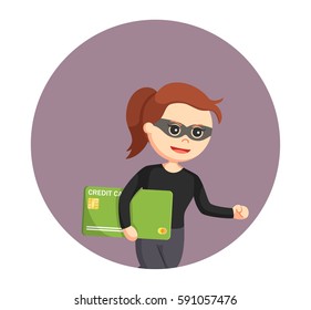 woman thief stealing credit card in circle background