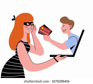 A woman thief steals money and credit card details from a man in love. Fraud through a dating site. Vector flat illustration. 