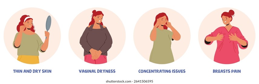 Woman with thin dry skin, vaginal dryness, concentrating issues, breast pain menopause symptoms isolated round portraits set. Femininity, gynecology and health peculiarities vector illustration