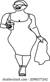 
Woman with a thin waist and large hips walks holding a jacket in one hand and carrying a coffee mug in the other. Wears a strappy one piece dress with a skirt below the knee. Vector art illustration.