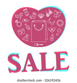 Woman things, accessories, cosmetics, clothes, shoes and jewelry. Big sale poster in form of heart. Shopping concept. Vector