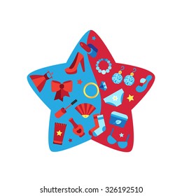Woman things, accessories, cosmetics, clothes, shoes and jewelry. Big sale poster in form of star. Shopping concept. Vector
