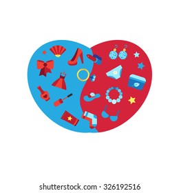 Woman things, accessories, cosmetics, clothes, shoes and jewelry. Big sale poster in form of heart. Shopping concept. Vector