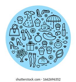 Woman things set in circle shape. Girl accessories icons collection of shoes, jewelry, perfume, cosmetics, mirror, dress, make-up. Modern female woman outline design concept. Vector banner, poster