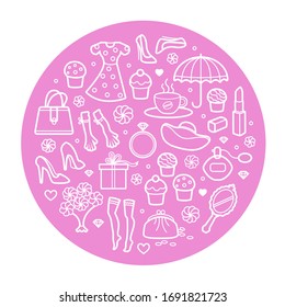 Woman things set in circle shape. Girl accessories icons collection of shoes, jewelry, perfume, cosmetics, mirror, dress, make-up. Modern female woman outline design concept. Vector banner, poster