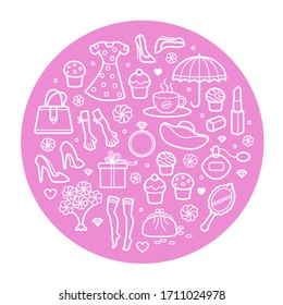 Cosas femeninas en forma de círculo. Guías accesorios iconos colección de zapatos, joyas, perfume, cosméticos, espejo, vestido, maquillaje. Concepto moderno de diseño de esquema femenino. Pancarta vectorial, afiche