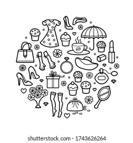 Cosas femeninas en forma de círculo. Colección de zapatos, joyas, perfumes, cosméticos, espejo, vestido, maquillaje. Concepto moderno de diseño de esquema femenino. Cartel del vector, afiche