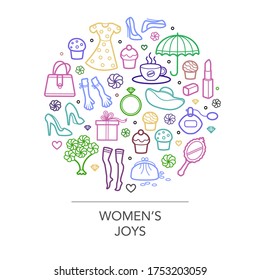 Woman things set in circle shape. Girl accessories icons collection of shoes, jewelry, perfume, cosmetics, mirror, dress, make-up. Modern female woman outline design concept. Vector banner, poster