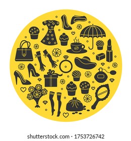 Cosas femeninas en forma de círculo. Colección de zapatos, joyas, perfumes, cosméticos, espejo, vestido, maquillaje. Concepto moderno de diseño de esquema femenino. Cartel del vector, afiche