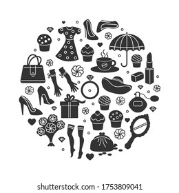 Woman things set in circle shape. Girl accessories icons collection of shoes, jewelry, perfume, cosmetics, mirror, dress, make-up. Modern female woman outline design concept. Vector banner, poster