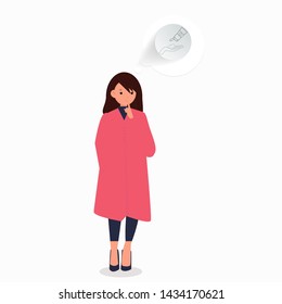 Woman think about cosmetic product. Isolated flat vector illustration.