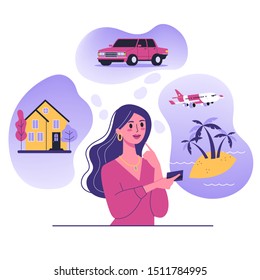 Woman Think About House, Car And Vaction On The Sea. Female Character Dream About Wealth. Flat Vector Illustration