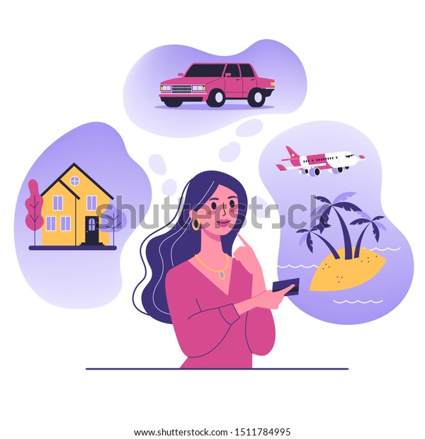 Woman think\
about house, car and vaction on the sea. Female character dream\
about wealth. Flat vector\
illustration