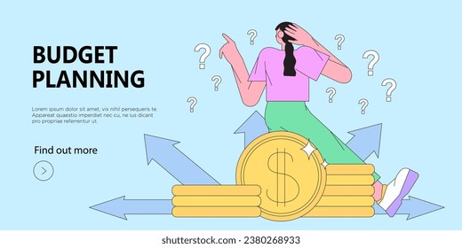 Woman think how to plan her personal or family budget or manage money savings. Character decide how to spend money. Trendy illustration for web banner, mobile app, advertisement or article.
