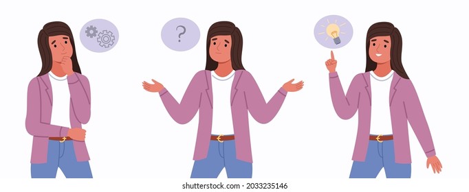 Woman think. Idea search three stages, intense reflection, female character thought process, solving problem, confuse and right decision making. Human with thought bubbles. Vector set