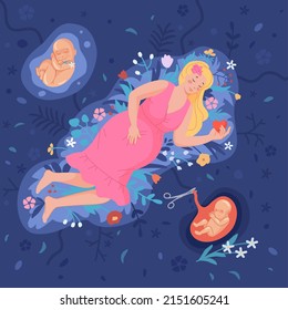 Woman thinking abortion. Sad pregnant women lying on flowers, unhappy mother think unborn baby, abort fetus miscarriage infertility ivf or health birth, swanky vector illustration