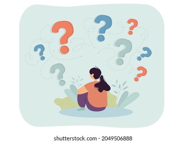 Woman thinking about answer to difficult question. Female person sitting back with question marks overhead flat vector illustration. Hard choice concept for banner, website design or landing web page