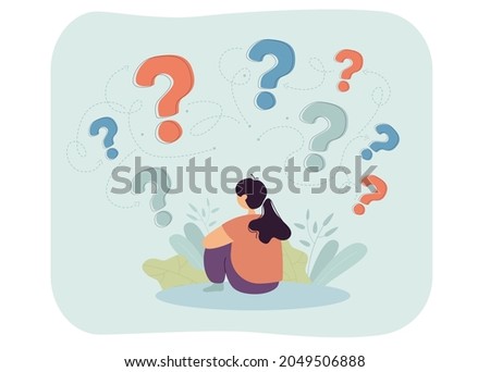 Woman thinking about answer to difficult question. Female person sitting back with question marks overhead flat vector illustration. Hard choice concept for banner, website design or landing web page
