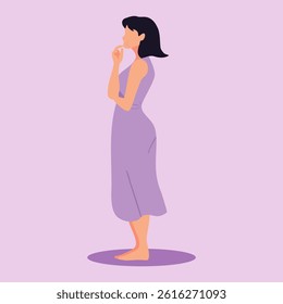 A woman thinking about an answer or solution to a problem with confusion and doubt. A thoughtful person with mental focus, curious to find an idea, make a decision or solve a question or riddle
