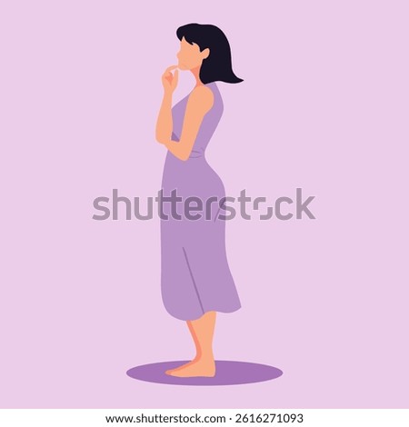 A woman thinking about an answer or solution to a problem with confusion and doubt. A thoughtful person with mental focus, curious to find an idea, make a decision or solve a question or riddle