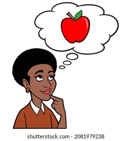 Woman thinking about an Apple - A cartoon illustration of a Woman thinking about having an Apple for lunch.