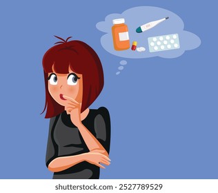 
Woman Thinking about Auto-medicating Vector Cartoon illustration. Lady deciding how to treat influenza at home by herself
