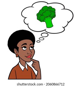 Woman thinking about Broccoli - A cartoon illustration of a woman thinking about eating Broccoli for lunch.