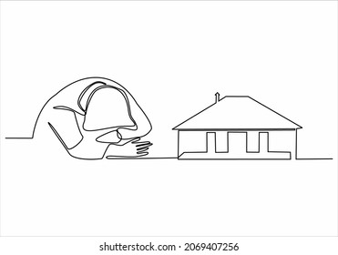 
woman thinking about buying her own house - sustainable line drawing