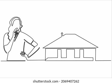 
woman thinking about buying her own house - sustainable line drawing