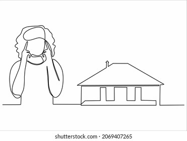 
woman thinking about buying her own house - sustainable line drawing
