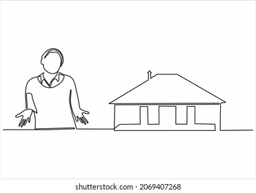 
woman thinking about buying her own house - sustainable line drawing