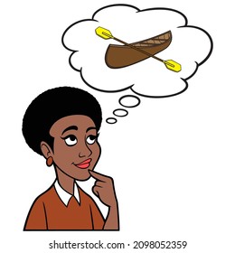 Woman thinking about a Canoe and Paddles - A cartoon illustration of a Woman thinking about a Canoe and Paddles.