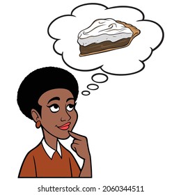 Woman thinking about Chocolate Pie - A cartoon illustration of a woman thinking about a slice of Chocolate Pie.