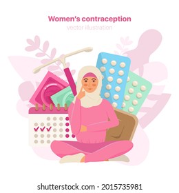 Woman thinking about contraception method. Concept of different ways of contraception for women. Birth control methods. Vector illustration. 