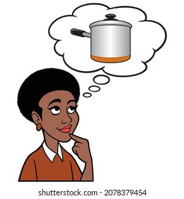 Woman thinking about a Cooking Pot - A cartoon illustration of a Woman thinking about a new Cooking Pot for the kitchen.