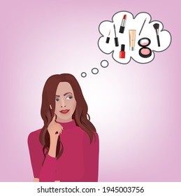 Woman thinking about cosmetics. vector