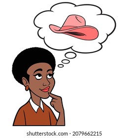 Woman thinking about a Cowgirl Hat - A cartoon illustration of a Woman thinking about a Cowgirl Hat.